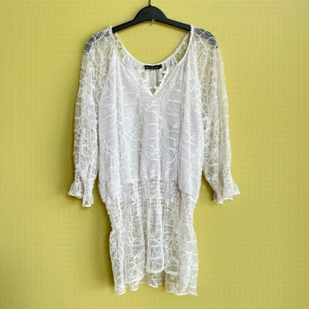 MECHANT boho embroidery mesh lace blouse white top 3/8 sleeves size M woman’s